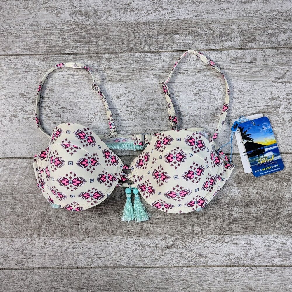 NEW Heat Summer Cream Printed Padded Swim Bikini Top Large Adjustable Straps
